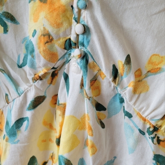 GAP Linen Blend Yellow Watercolor Floral Peplum Puff Sleeve Top sz Small Tall - Picture 6 of 7